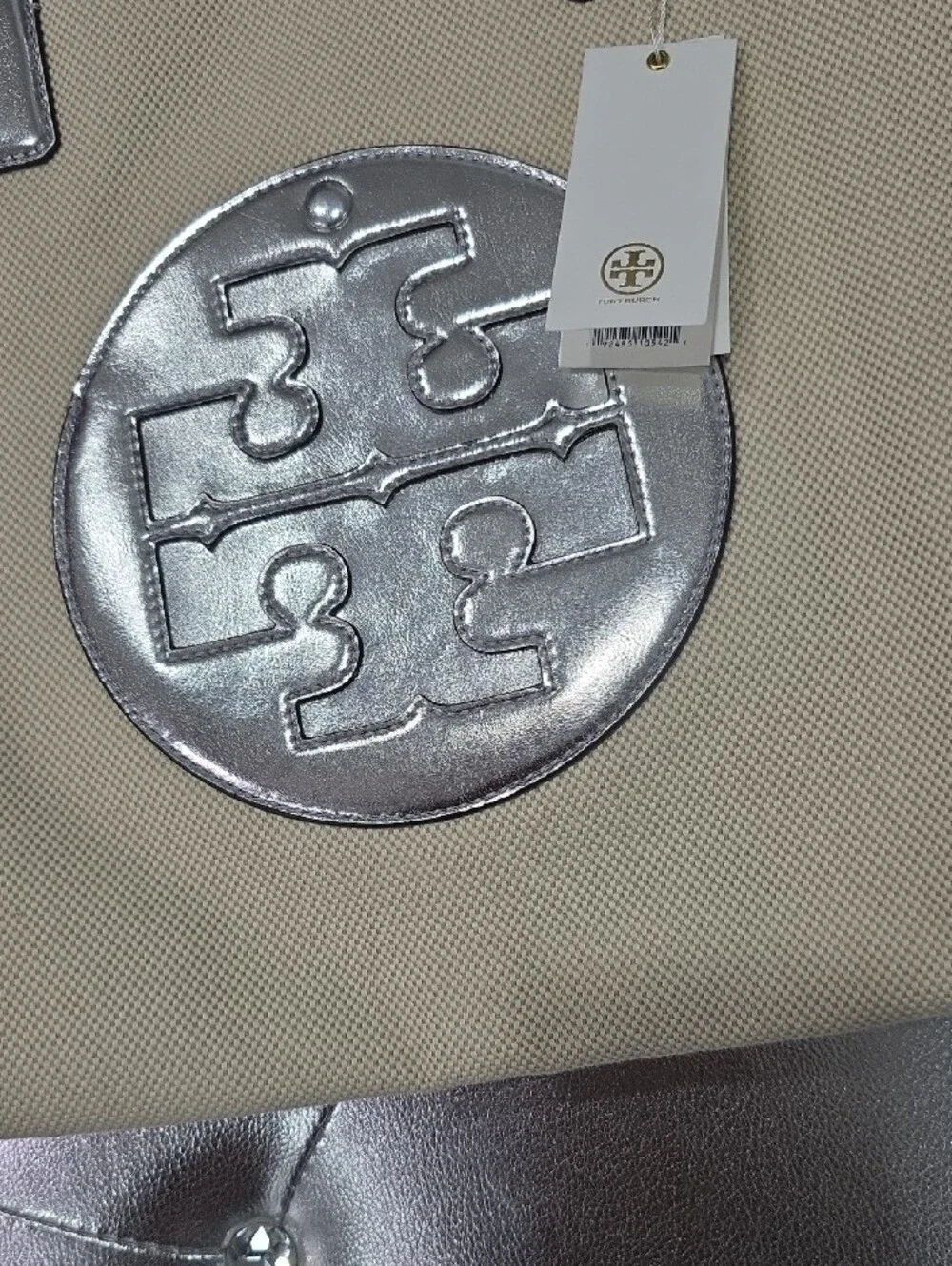 Tory Burch Cream Canvas Tote with Silver Logo and Trim